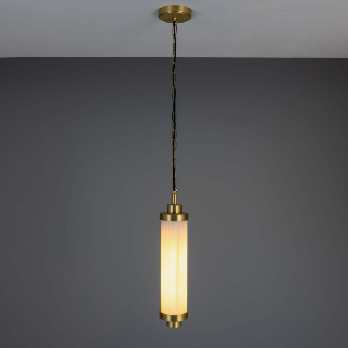 LOUISE - Vintage Rippled Opal Glass and Brass Bathroom Pendant 52.5cm IP44
