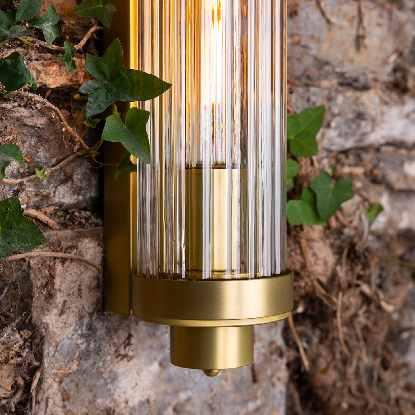 LOUISE - Vintage Rippled Clear Glass and Brass Bathroom Wall Light 47cm IP44
