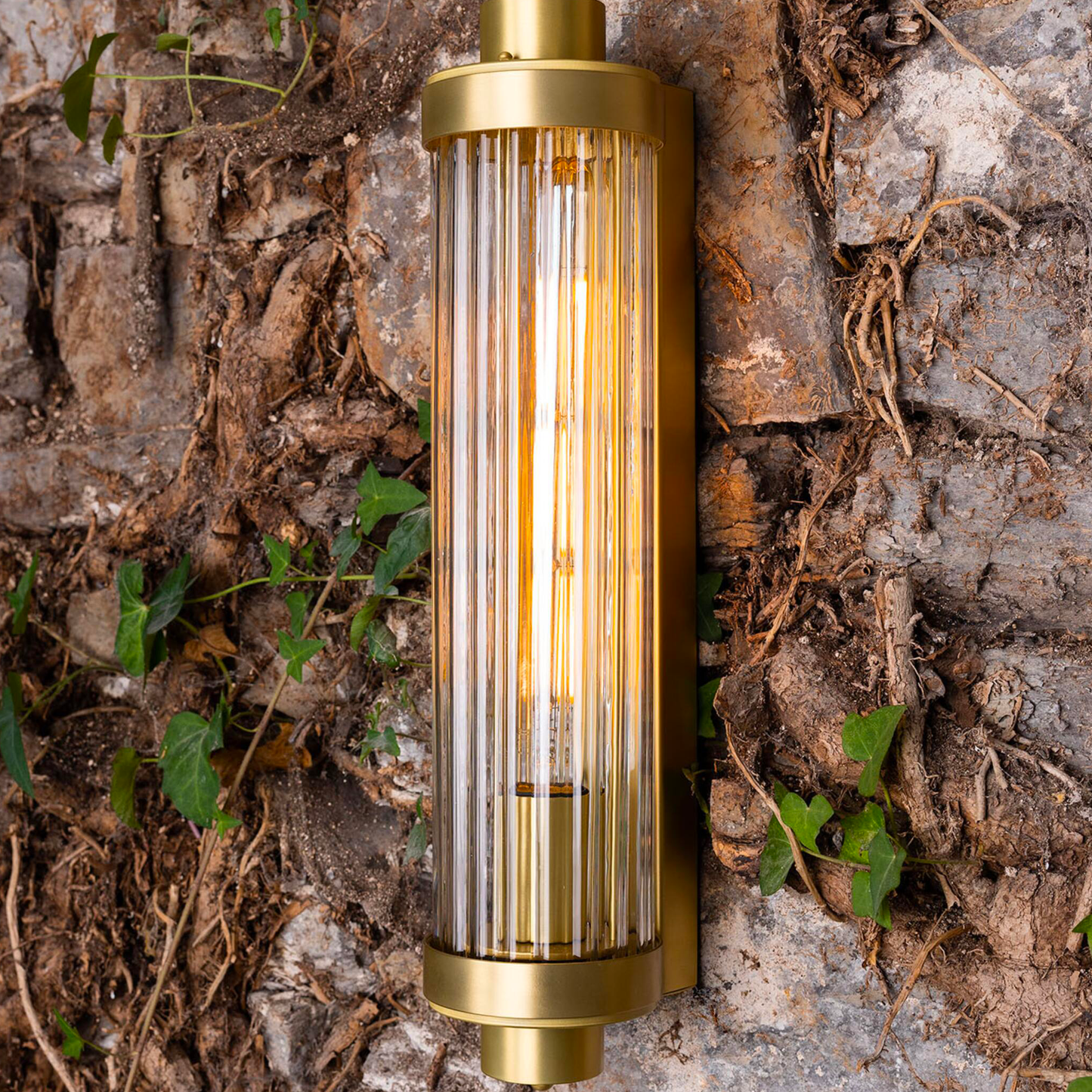 LOUISE - Vintage Rippled Clear Glass and Brass Bathroom Wall Light 47cm IP44
