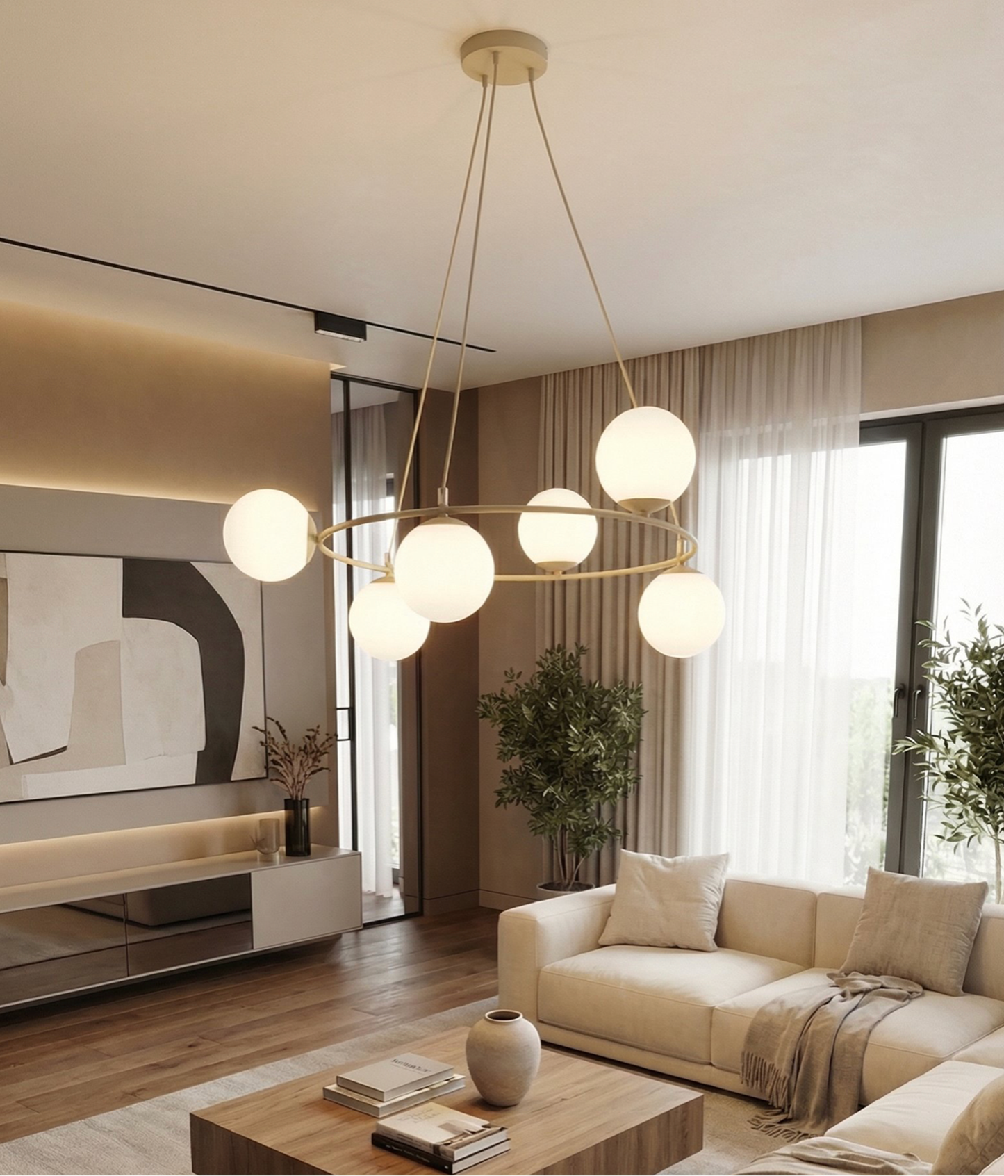 AZURA - Taklampa i mokka med 6 opalvita glas